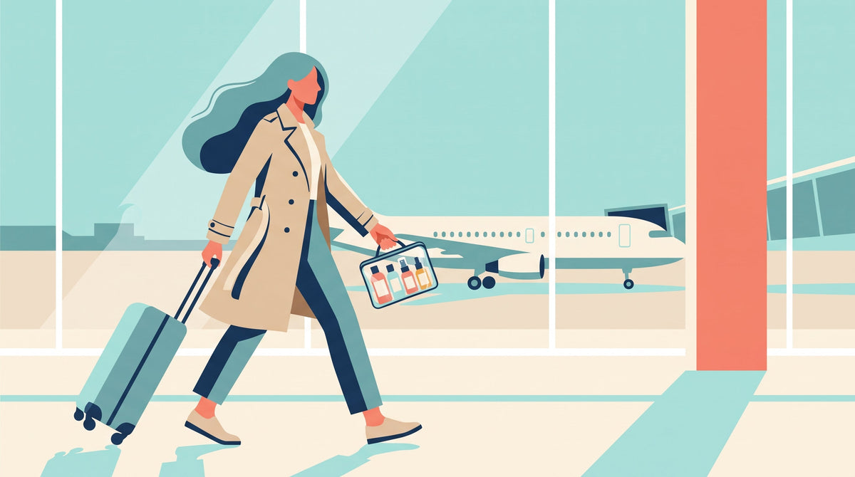 Vielfliegerin mit Rollkoffer und Reisegrößen-Haarpflege am Flughafen