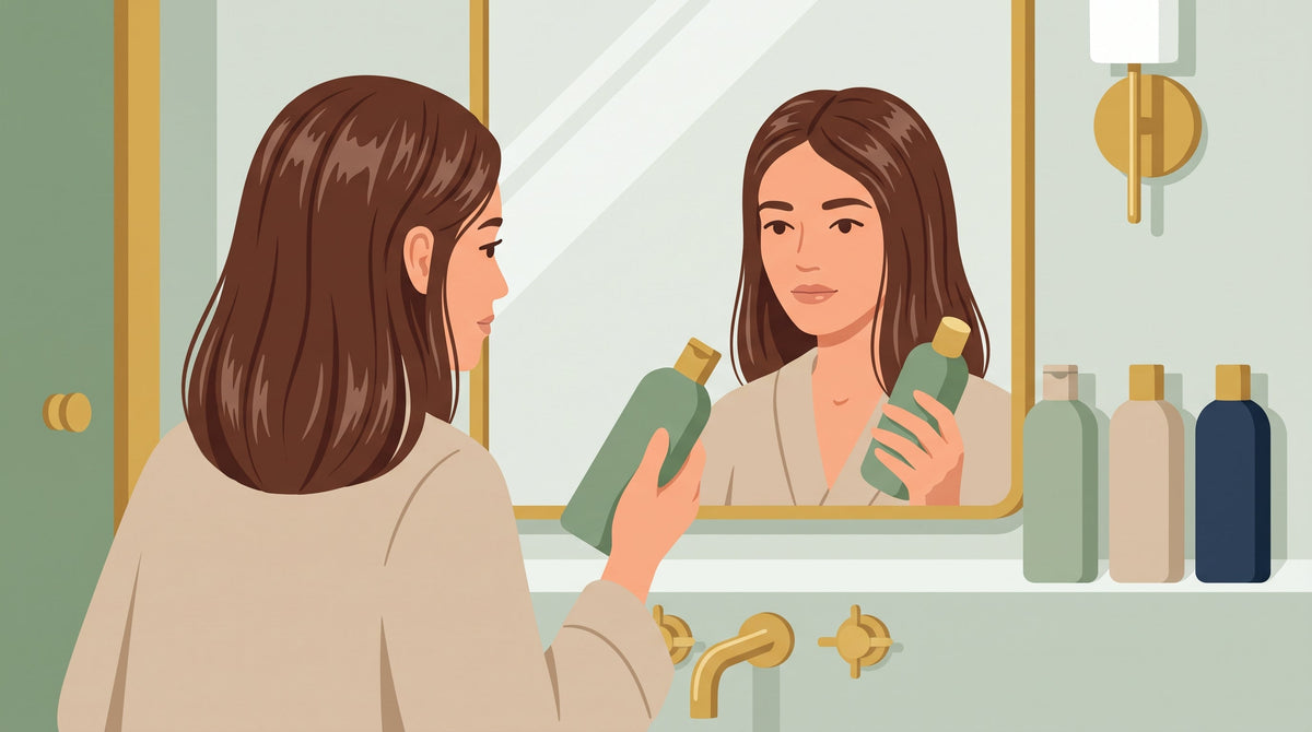 Frau prüft eine Shampooflasche vor dem Badezimmerspiegel – Lohnt sich KMS?