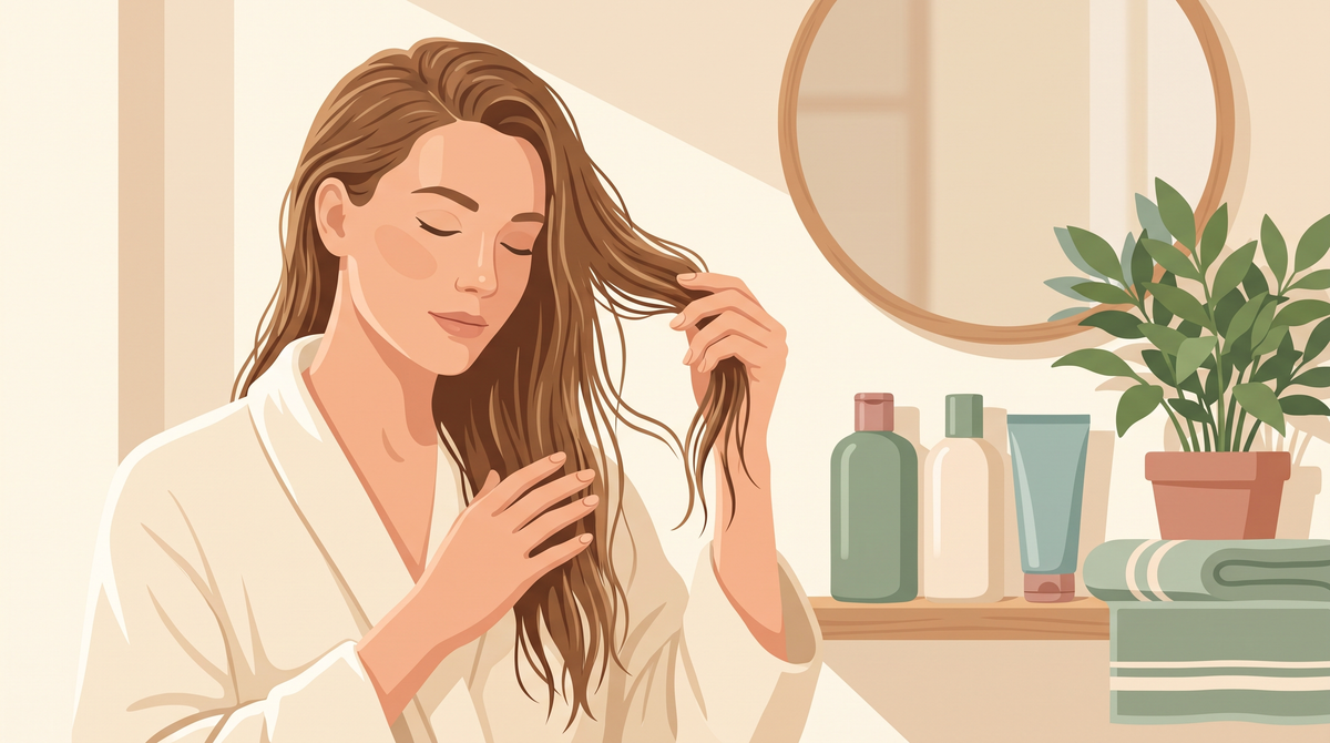 Illustration: Frau im Bademantel prüft ihre Längen vor dem Badezimmerspiegel