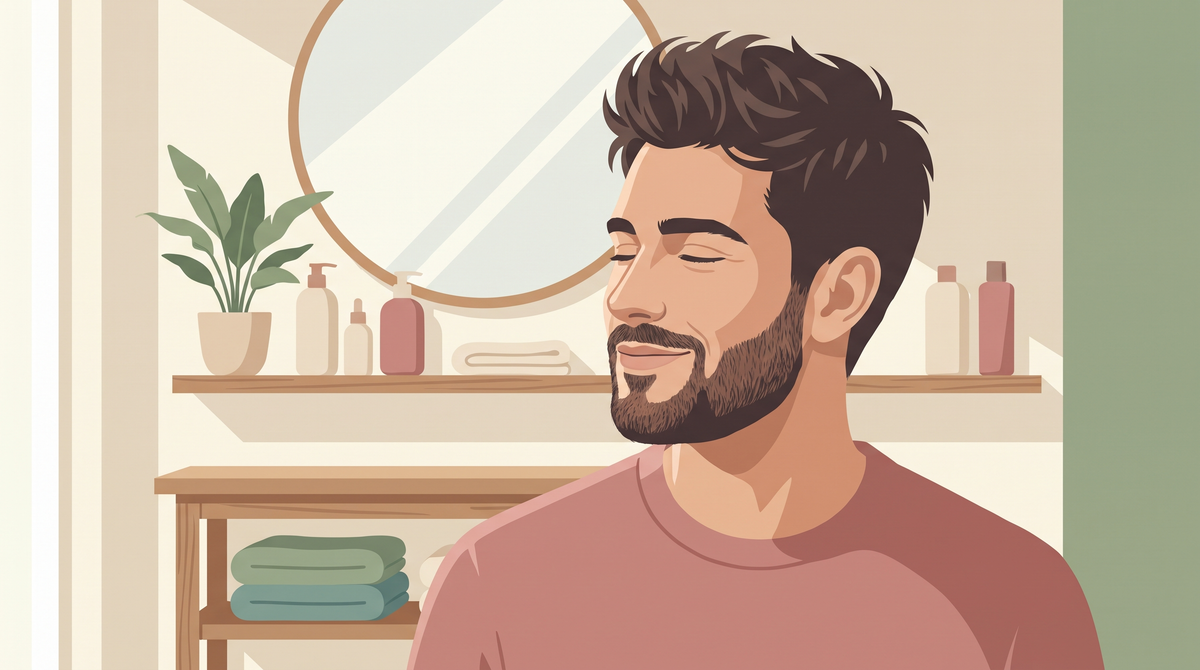 Illustration eines Mannes mit kurzem Haar und gepflegtem Kurzbart vor einem runden Spiegel im Badezimmer