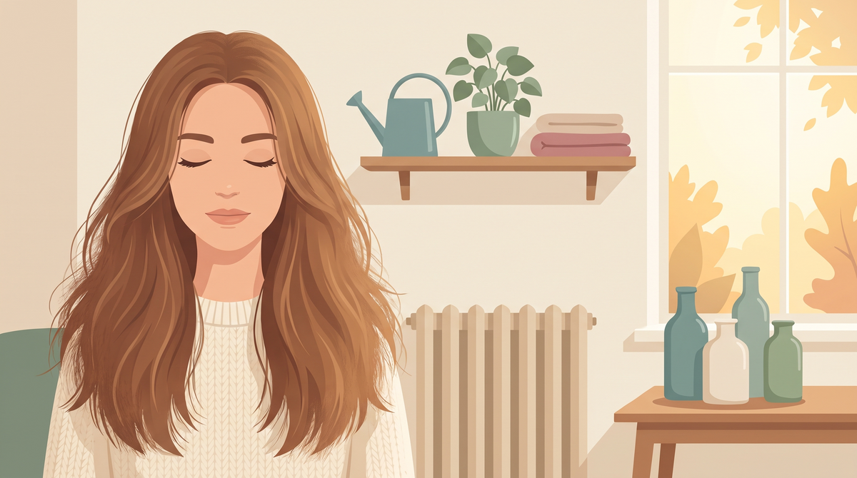Illustration einer Frau mit langem braunem Haar in einem warmen Zimmer neben einem Heizkörper am Herbstfenster