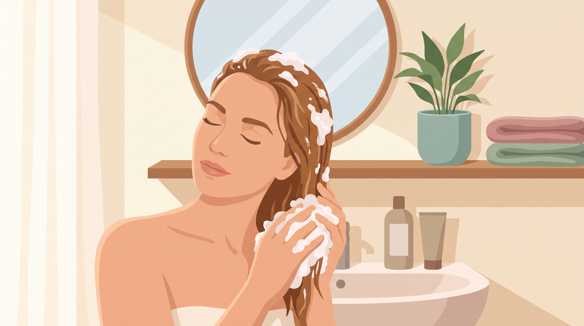 Illustration einer Frau, die sich am Waschbecken die Haare mit Schaum einshampooniert