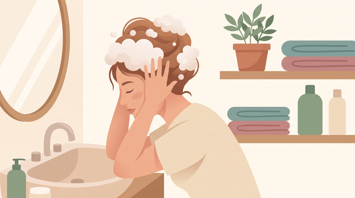 Illustration: Frau wäscht ihr Haar mit viel Schaum über dem Waschbecken