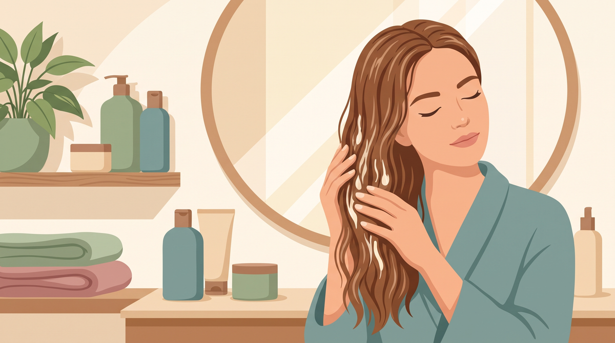 Illustration: Frau verteilt eine Haarmaske in den Längen ihres handtuchtrockenen Haars