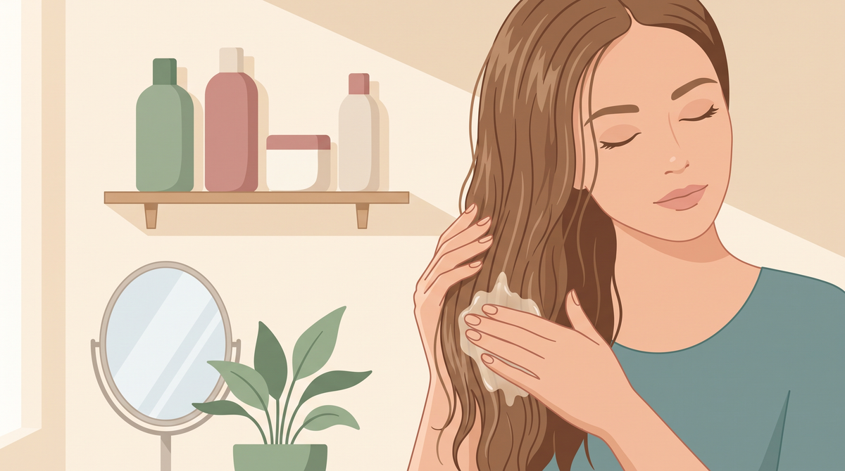 Illustration: Frau verteilt Pflege in den Längen, daneben ein Regal mit Flaschen