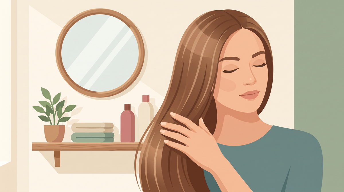 Illustration: Frau mit glattem, glänzendem Haar streicht über die Längen