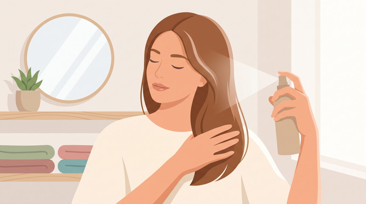 Illustration: Frau sprüht ein unbeschriftetes Spray in die Längen ihres glatten, glänzenden Haares