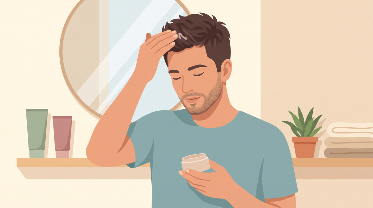Illustration: Mann mit kurzem, texturiertem Haar arbeitet Stylingprodukt aus einem unbeschrifteten Tiegel ins Haar ein