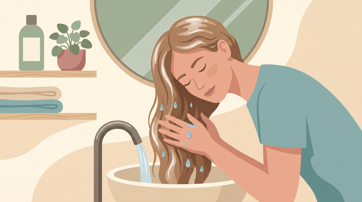 Illustration: Frau spült ihr langes Haar über dem Waschbecken mit klarem Wasser aus