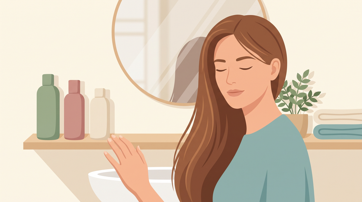 Illustration: Frau mit langem braunem Haar steht vor einem Badezimmerregal mit drei unbeschrifteten Pflegeflaschen