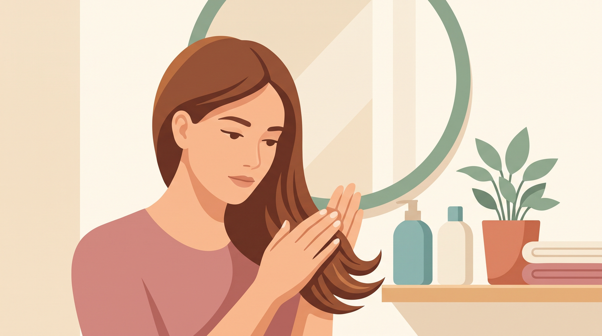 Illustration: Frau hält die Spitzen ihres langen Haares in den Händen und sieht sie sich an