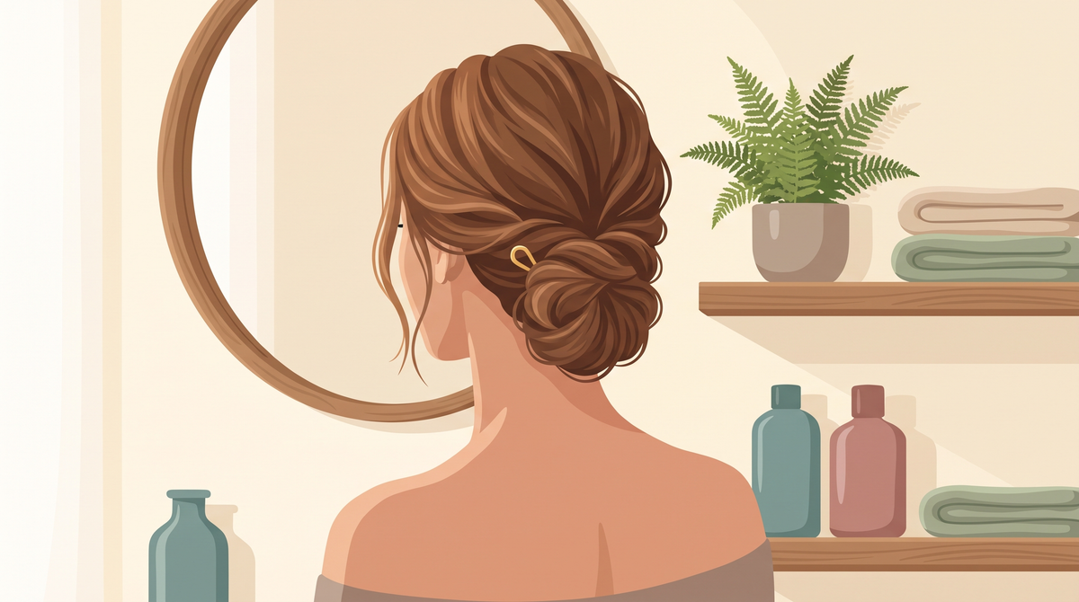 Illustration: elegant gesteckter tiefer Dutt mit goldener Haarnadel von hinten gesehen