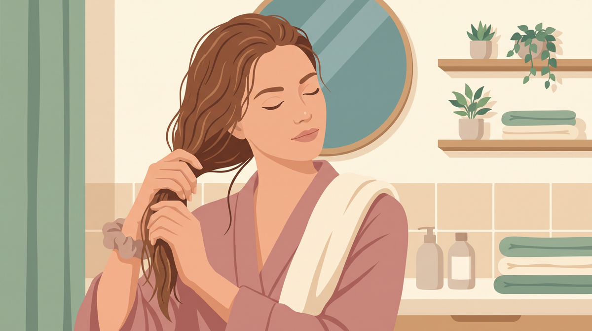 Illustration: Frau fasst ihr handtuchfeuchtes Haar zusammen, Haargummi am Handgelenk