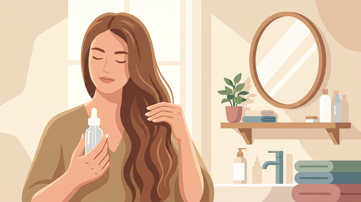 Illustration: Frau mit langem braunem Haar gibt Haaröl aus einer Pipettenflasche in die Längen