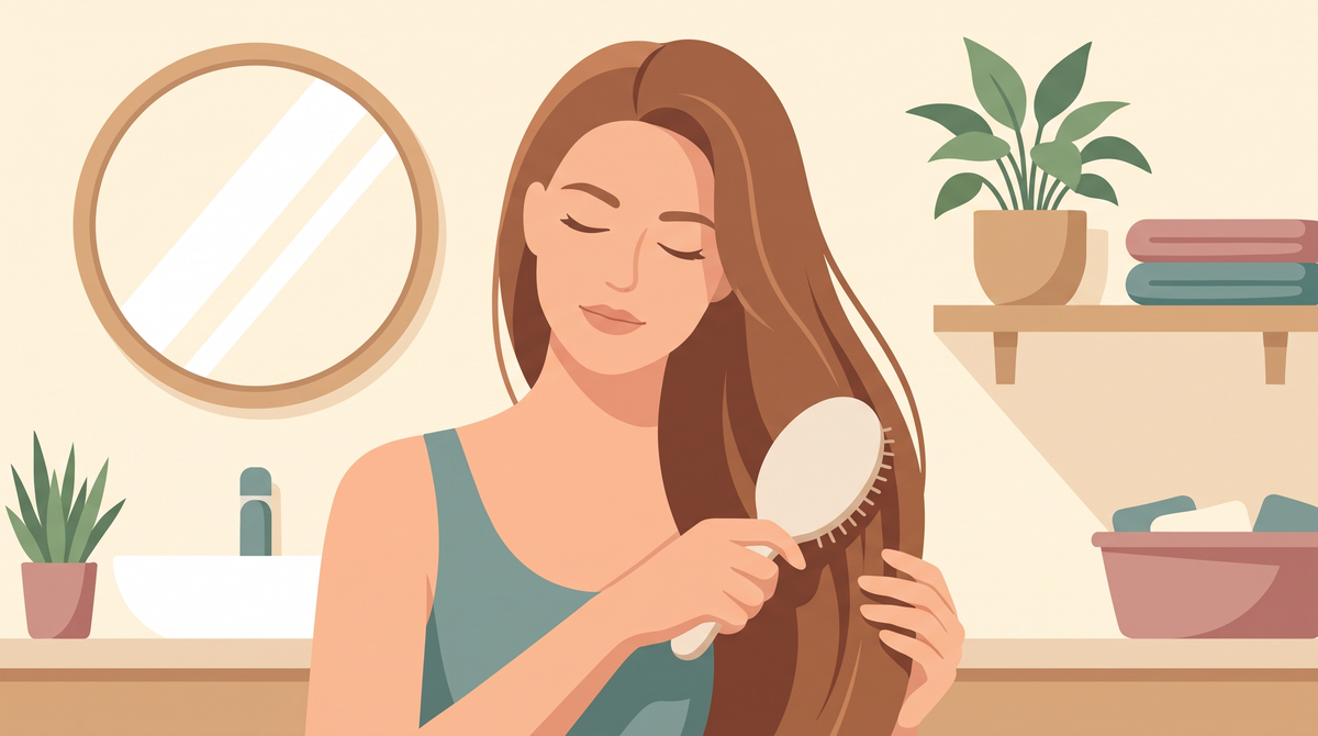 Illustration: Frau bürstet ihr langes Haar im Badezimmer mit einer ovalen Haarbürste