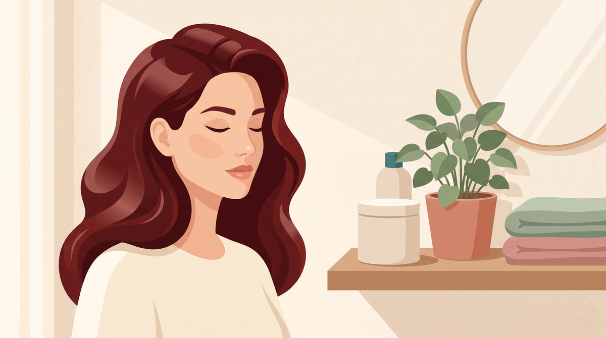 Illustration: Frau mit satt glänzendem rotbraunem Haar neben einem Tiegel am Waschtisch