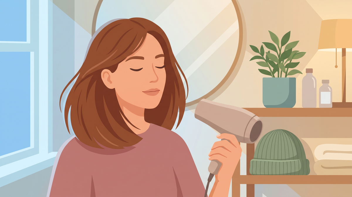 Illustration: Frau föhnt ihr schulterlanges Haar im Badezimmer, daneben liegt eine Strickmütze auf dem Holzregal
