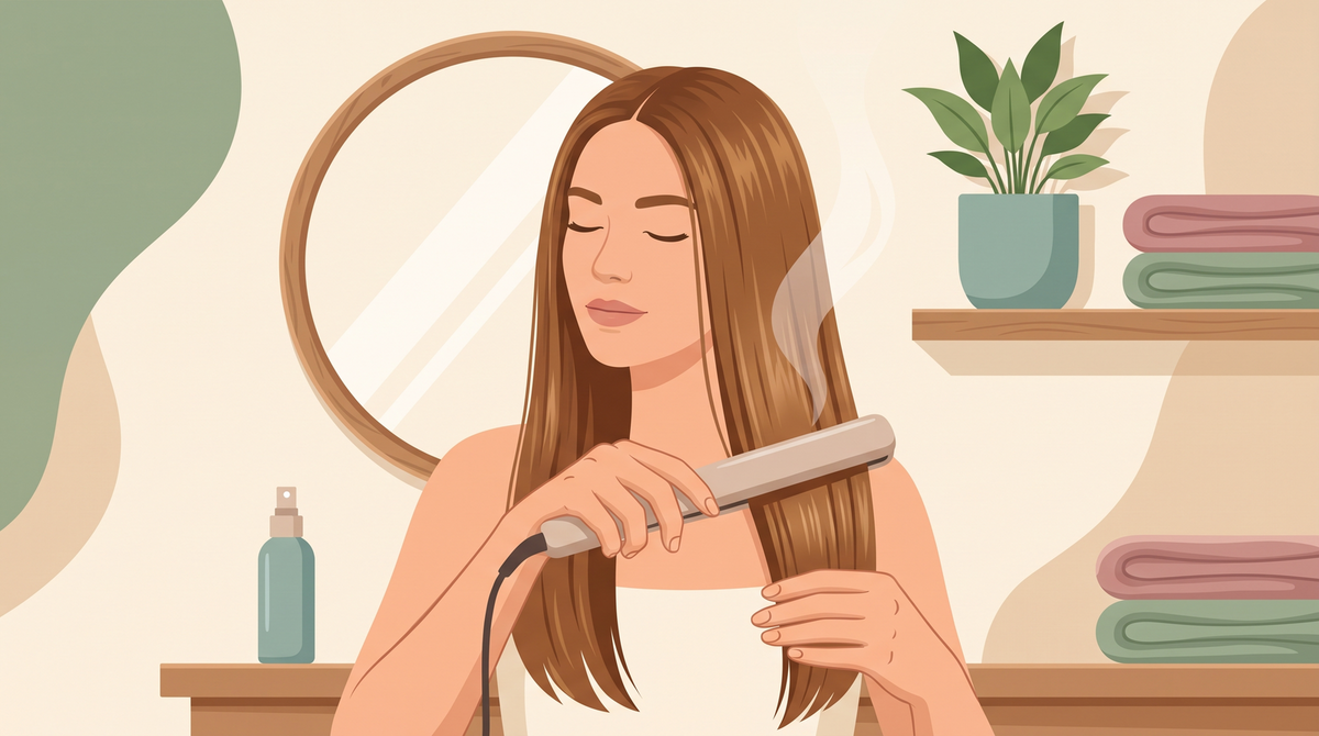 Illustration: Frau zieht ein schmales Glätteisen durch eine glatte Haarsträhne, daneben steht eine Sprühflasche