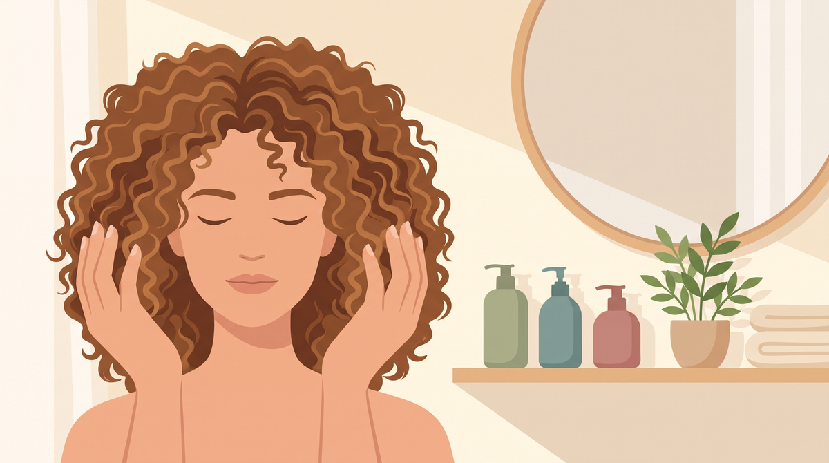 Illustration: Frau mit definierten Locken knetet ihr Haar mit beiden Händen, im Regal stehen drei Pumpflaschen