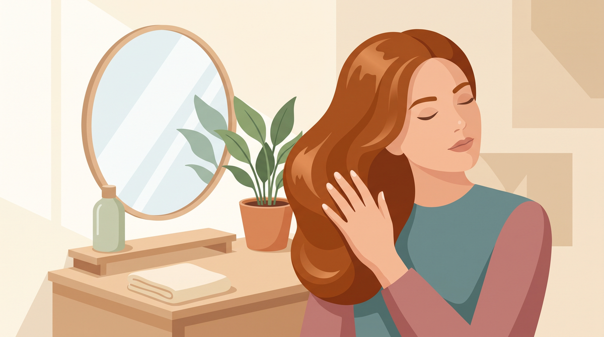 Illustration: Frau mit frisch gefärbtem kupferbraunem Haar legt die Hand auf ihre glänzenden Längen