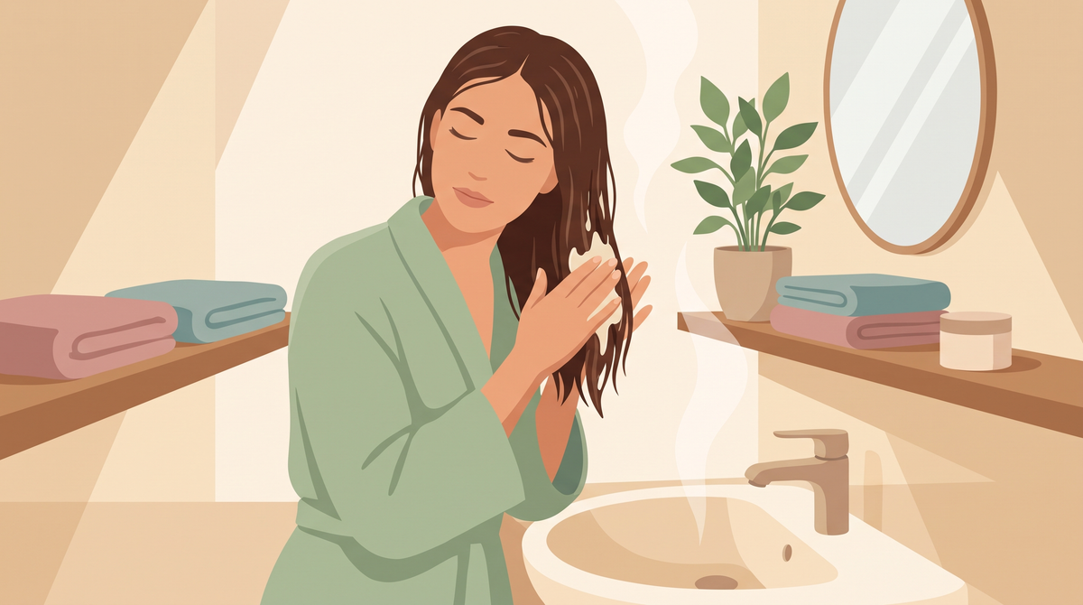Illustration: Frau verteilt Conditioner in den Längen ihres nassen Haars am Waschbecken