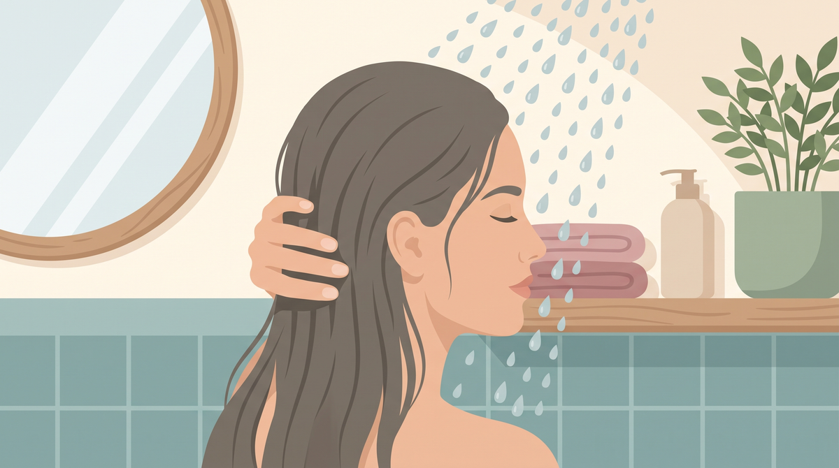 Illustration: Frau wäscht ihr langes Haar unter der Dusche, Wassertropfen fallen herab