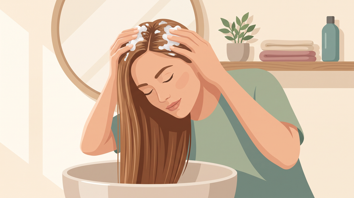 Illustration: Frau massiert Shampoo-Schaum in den Ansatz über dem Waschbecken