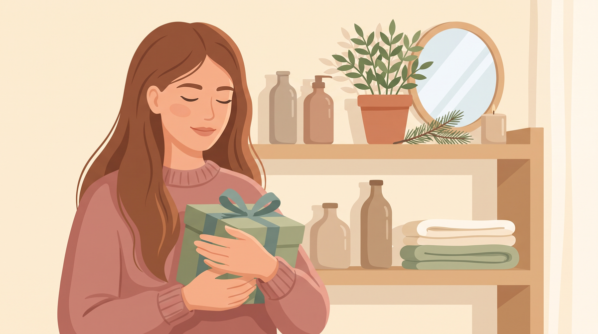 Illustration: Frau hält ein verpacktes Geschenk vor einem Regal mit Pflegeflaschen