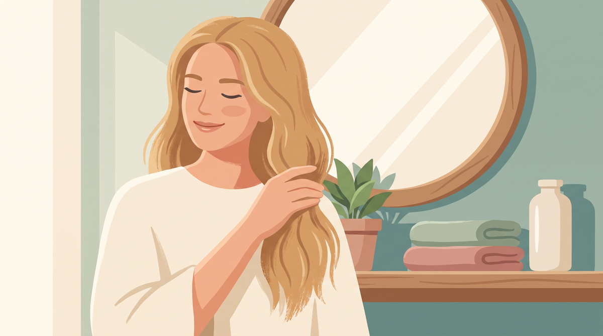 Illustration: Frau mit langem, trockenem blondem Haar legt die Längen über die Schulter