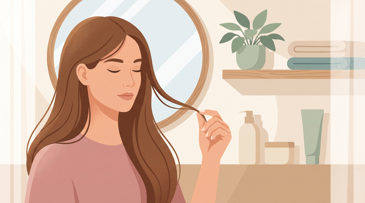 Illustration: Frau prüft eine einzelne Haarsträhne zwischen den Fingern vor dem Badezimmerspiegel