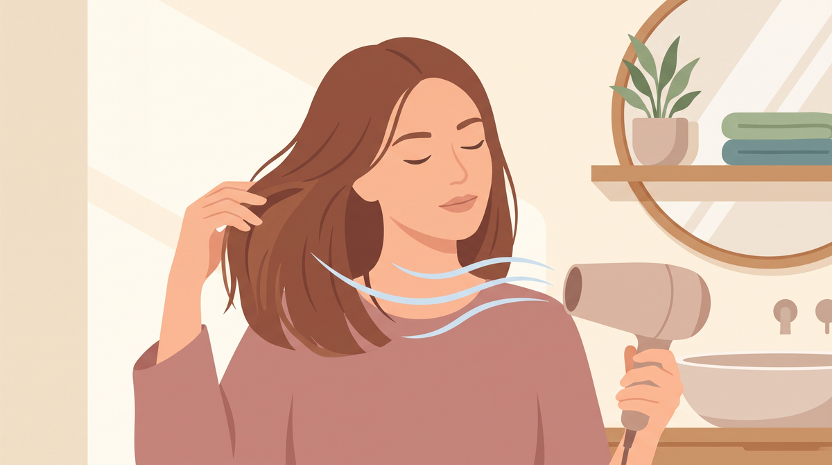 Illustration: Frau föhnt ihr Haar mit Kaltstufe, der kühle Luftstrom ist blau dargestellt
