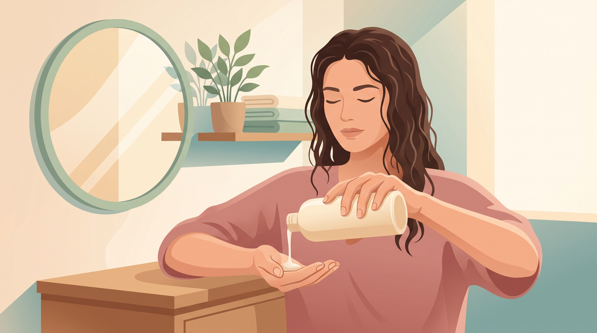 Illustration: Frau gießt Shampoo aus einer neutralen Flasche in die Handfläche