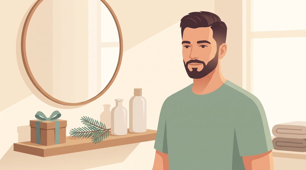 Illustration: Mann mit gepflegtem Bart neben Geschenkbox und neutralen Pflegeflaschen