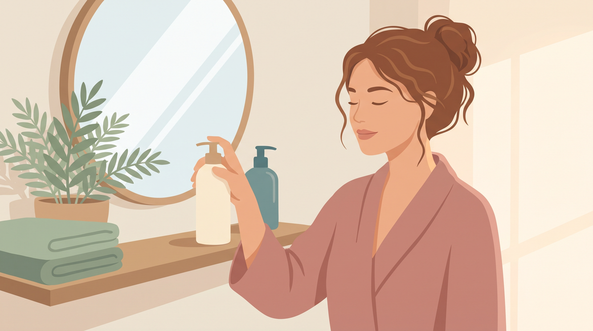 Illustration einer Frau, die am Waschtisch eine unbeschriftete Shampooflasche in der Hand hält
