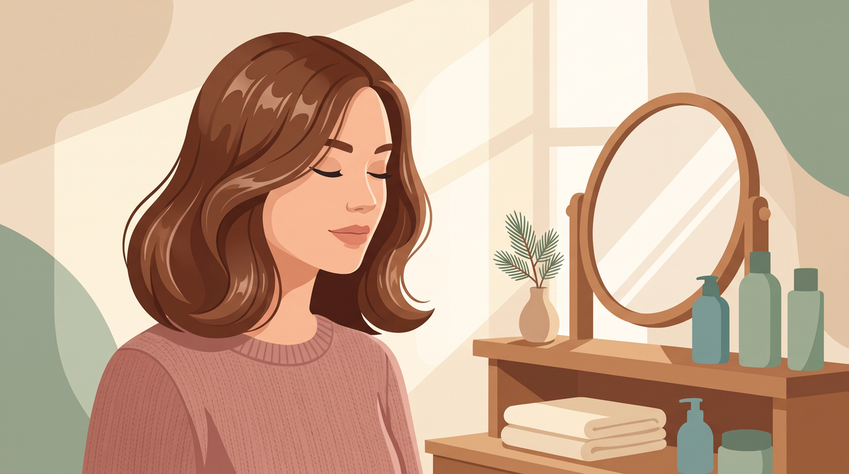 Illustration einer Frau mit frisch gefärbtem, glänzendem braunem Haar vor den Feiertagen