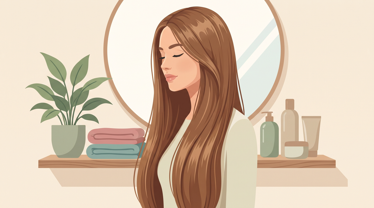 Illustration einer Frau mit sehr langem, glattem braunem Haar an einem hellen Waschtisch