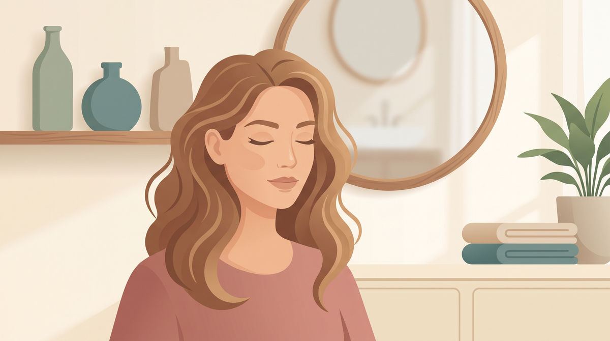 Illustration einer Frau mit welligem Haar vor einem Regal mit drei unbeschrifteten Flaschen