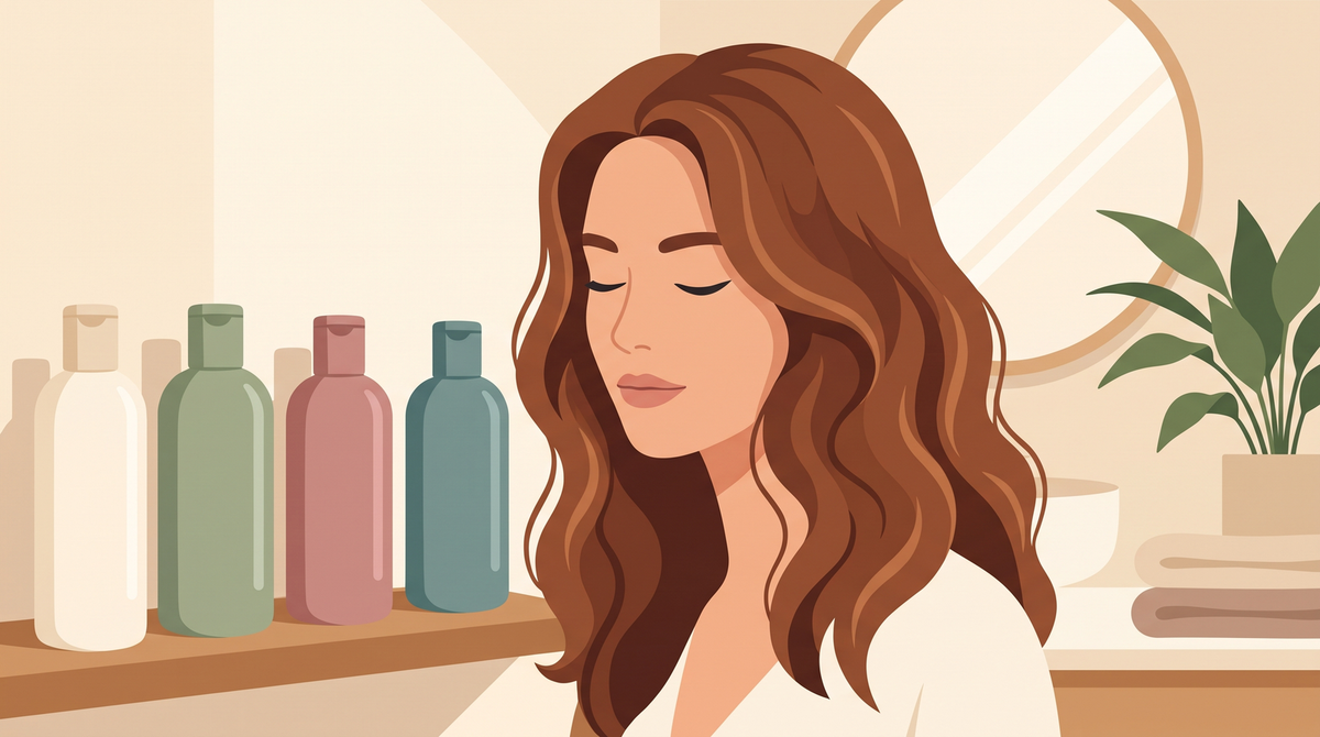 Illustration einer Frau neben einem Regal mit mehreren Pflegeflaschen