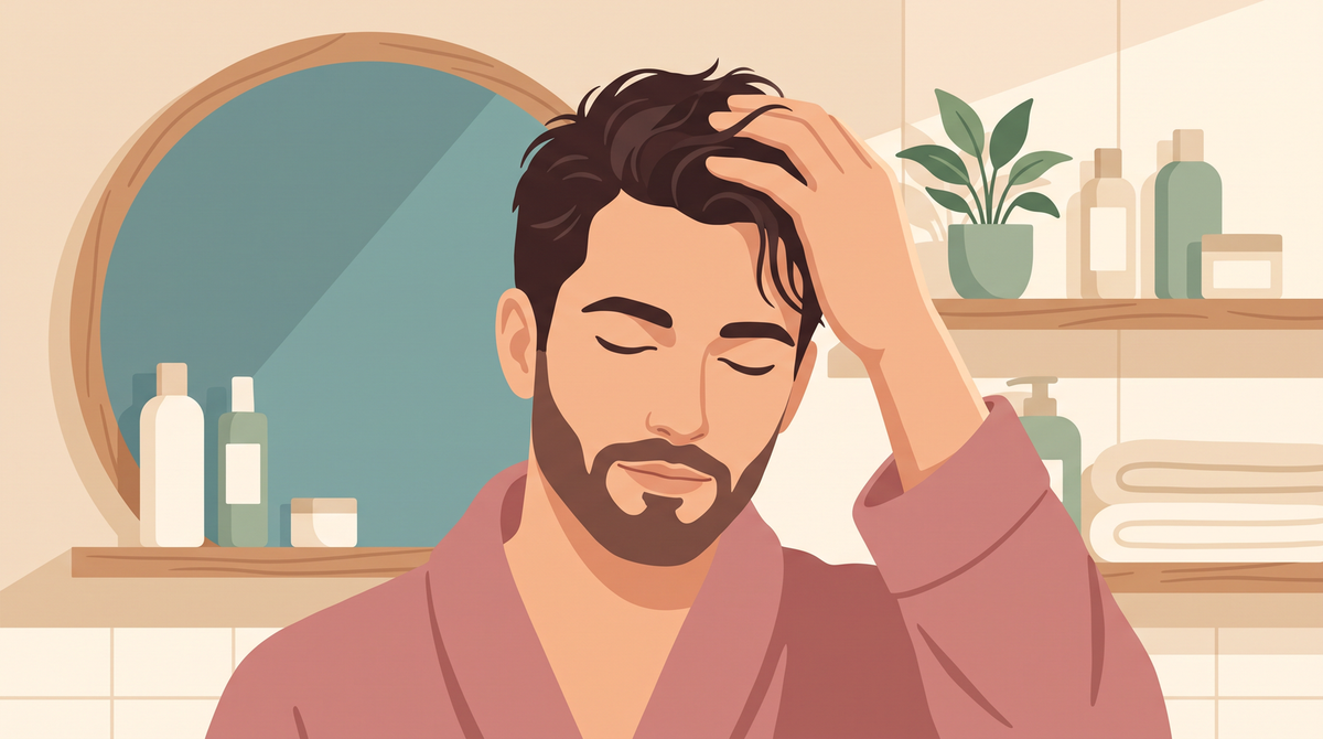 Illustration eines Mannes mit kurzem Haar nach der Haarwäsche im Badezimmer