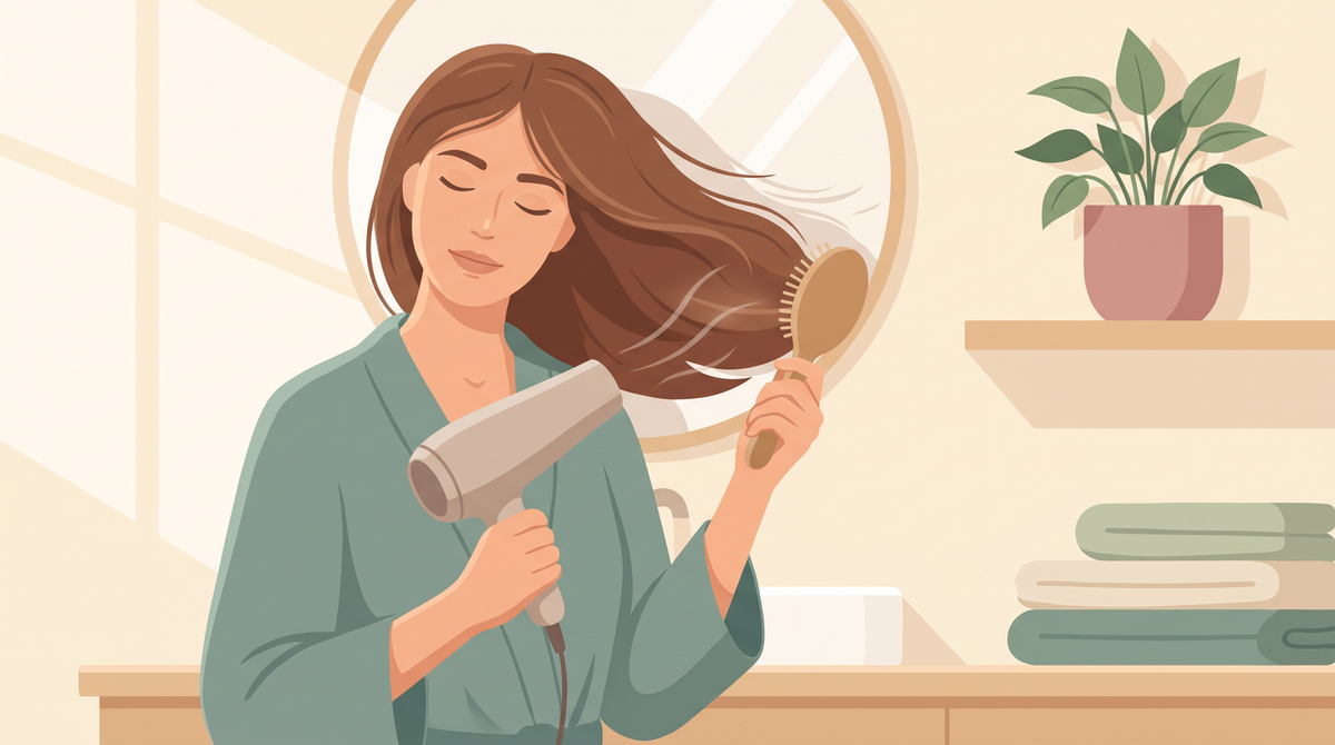 Illustration einer Frau, die ihr Haar mit Föhn und Rundbürste trocknet