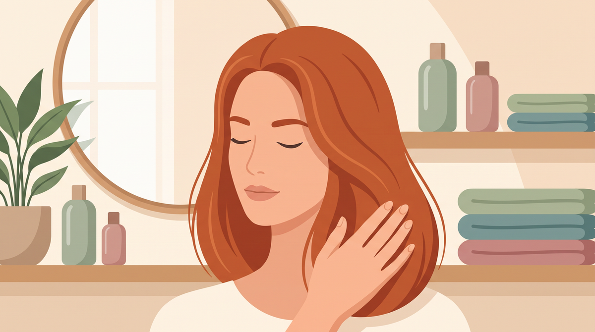 Illustration einer Frau mit kupferrotem Haar vor einem Badezimmerspiegel