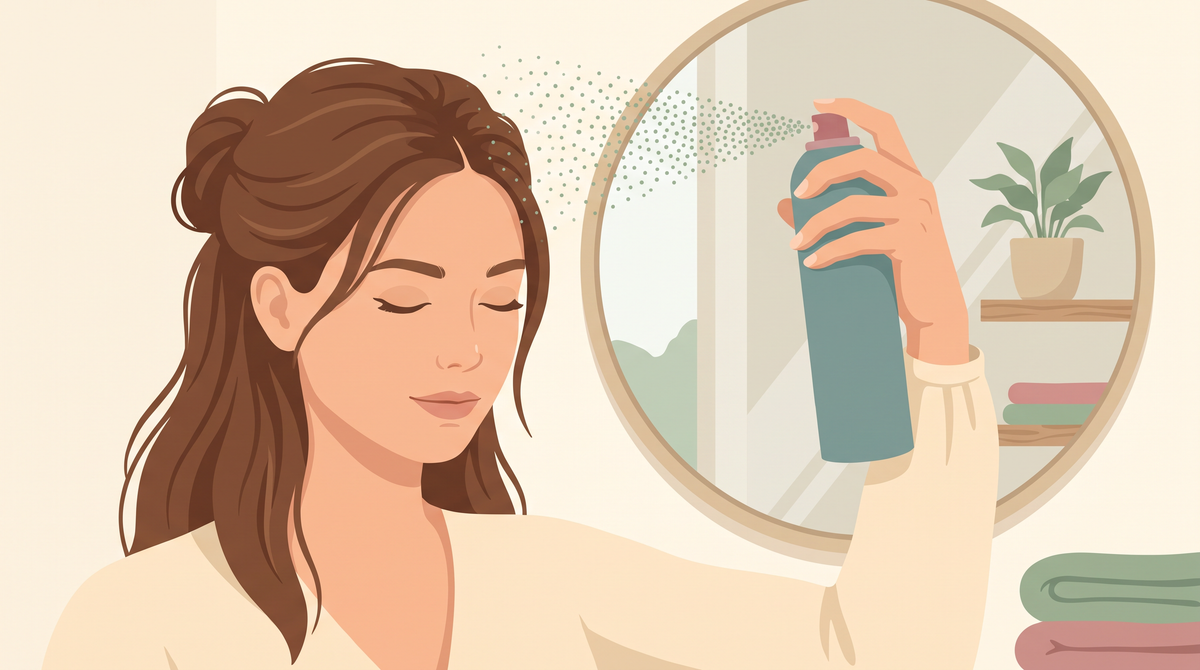 Frau sprüht Trockenshampoo in den Ansatz vor dem Badezimmerspiegel – illustriertes Titelbild