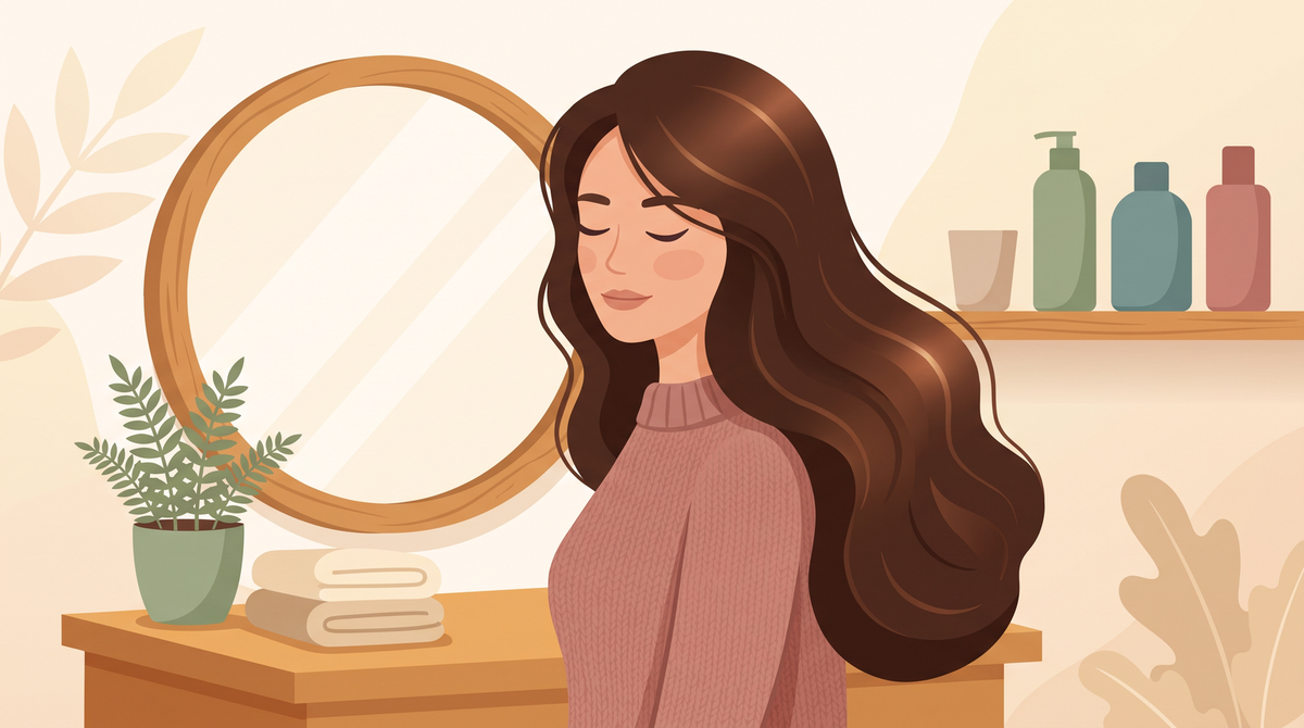 Illustration: Frau mit dunkelbraunem, glänzendem Haar im herbstlichen Badezimmer