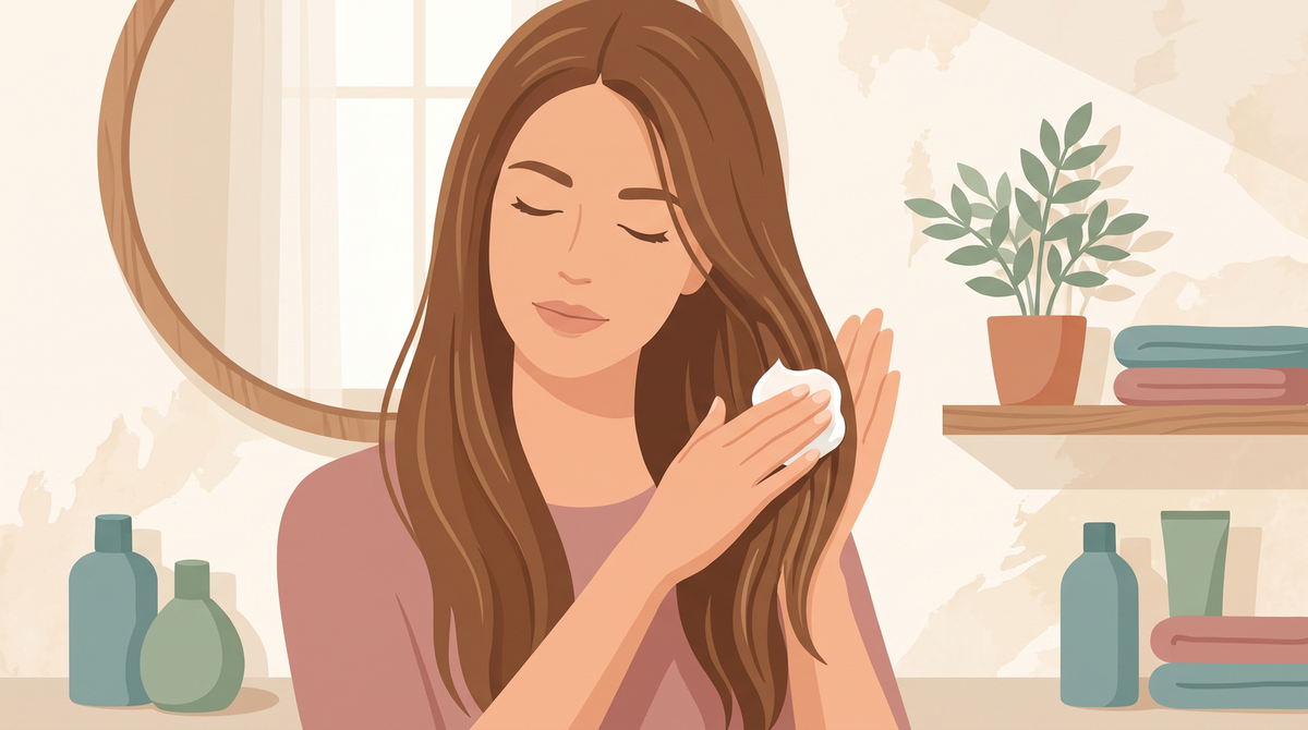 Illustration: Frau verteilt Conditioner nur in den Längen und Spitzen, nicht am Ansatz