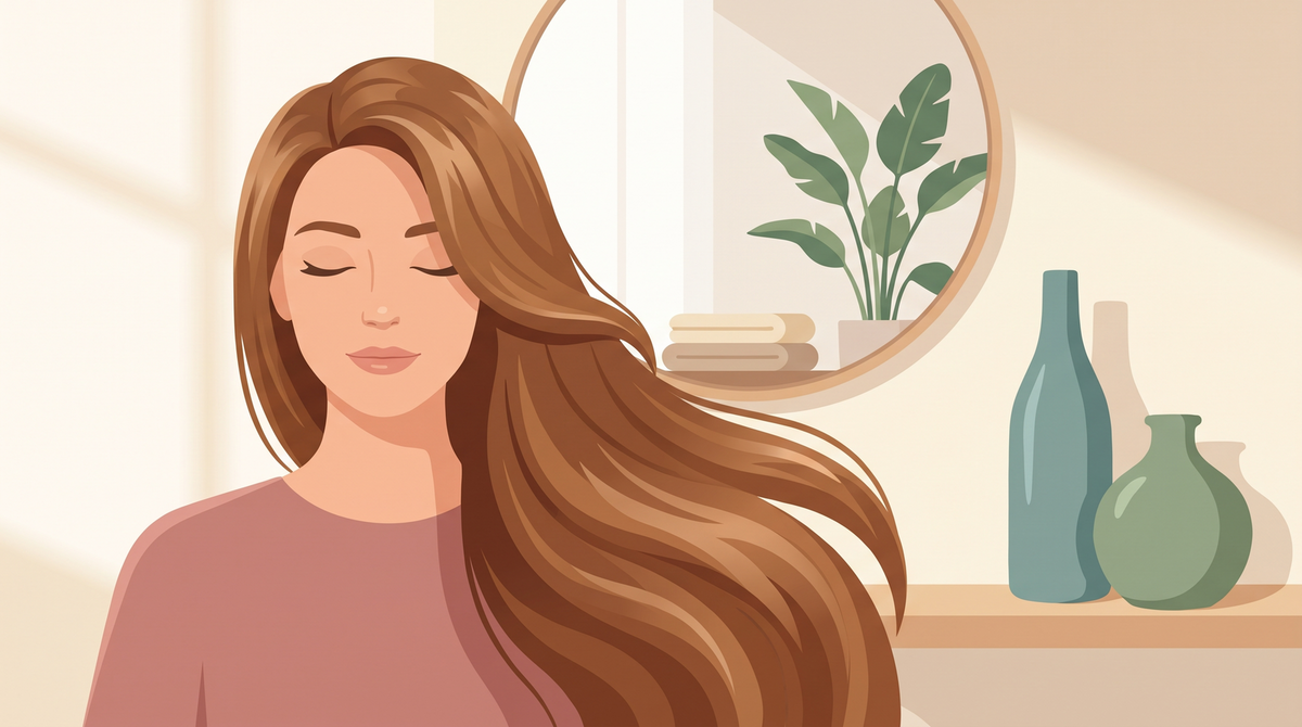 Illustration: Frau mit langem, glänzendem braunem Haar, daneben zwei schlichte Flaschen auf einem Holzregal