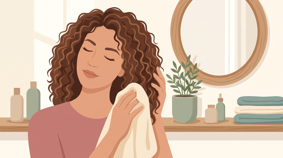 Illustration: Frau mit braunen Locken drückt ihre Längen mit einem weichen Handtuch aus