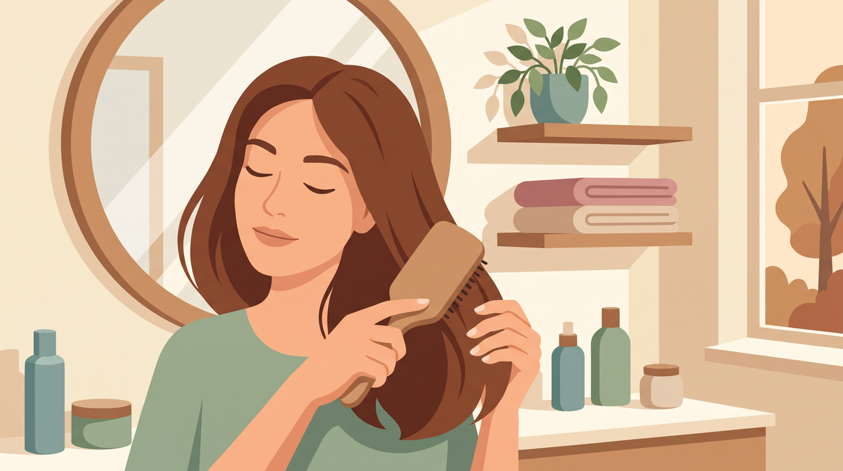Illustration: Frau bürstet im Herbst ihr schulterlanges Haar vor dem Badezimmerspiegel