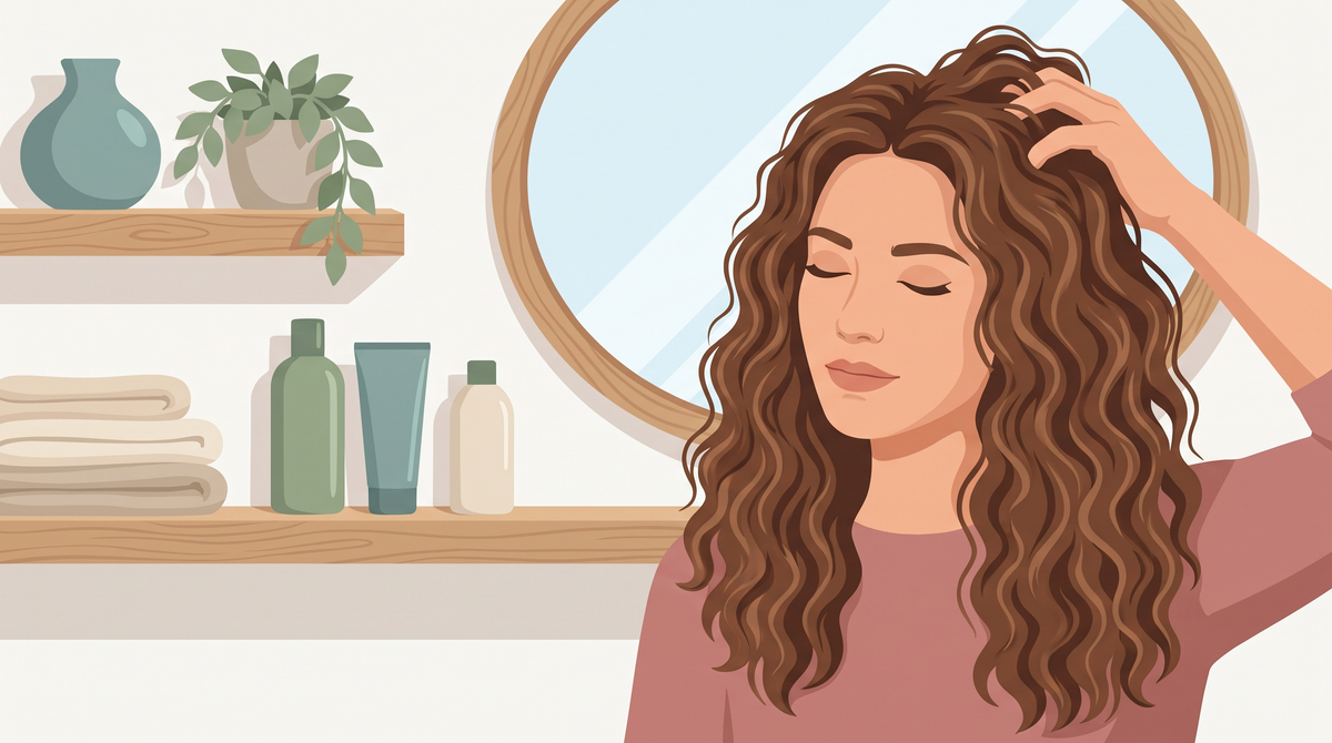 Illustration: Frau mit definierten Wellen einer Dauerwelle drückt die Längen am Waschtisch nach oben