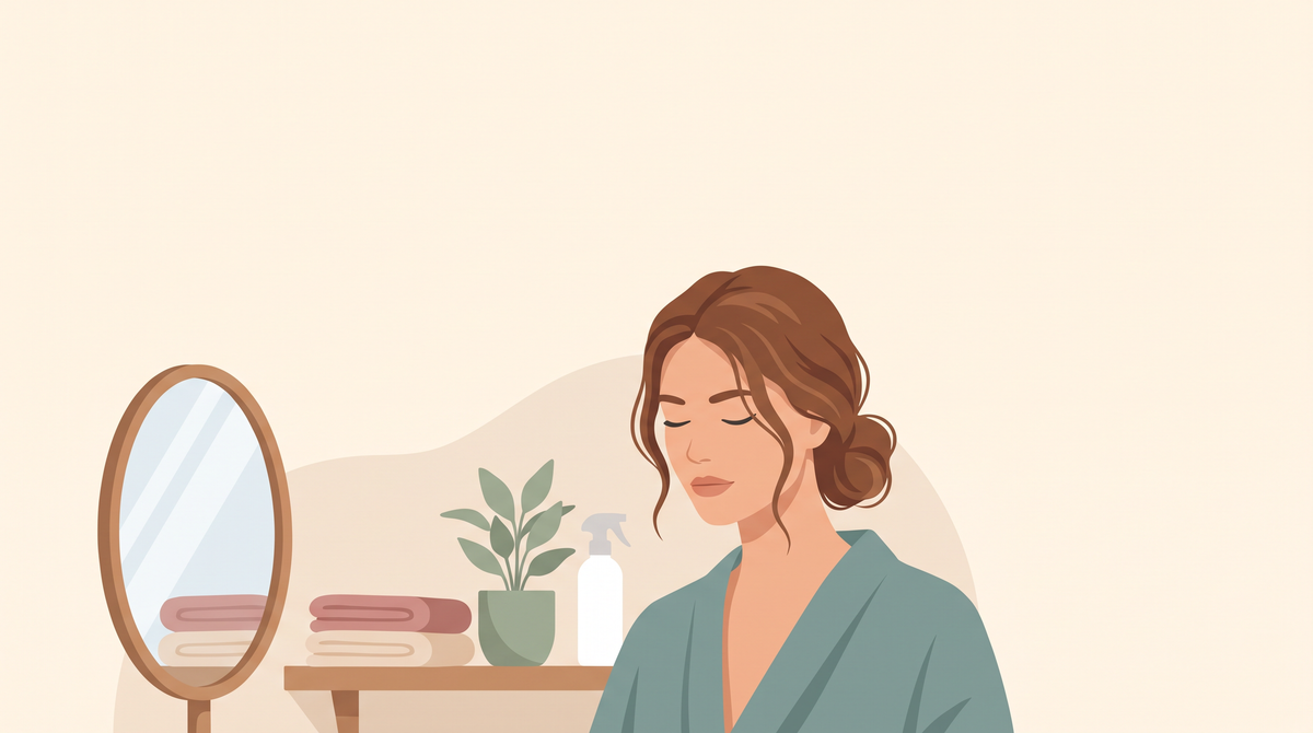 Illustration: Frau mit lockerem tiefem Dutt am Morgen vor dem Spiegel