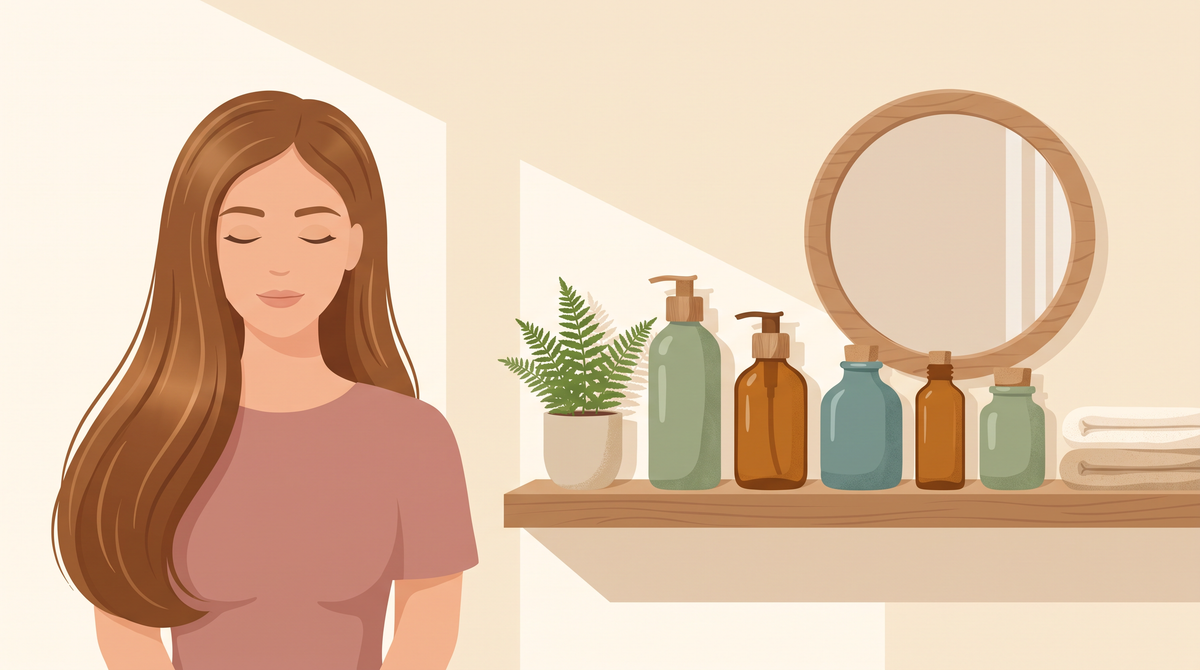 Illustration: Frau mit langem glänzendem Haar neben einem Regal mit mehreren Pflegeflaschen